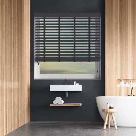 Abyss Faux Wood with Jet Tape Wood Venetian Blinds Open