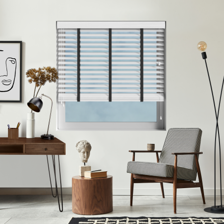 Alina Faux Wood with Jet Tape Wood Venetian Blinds Open