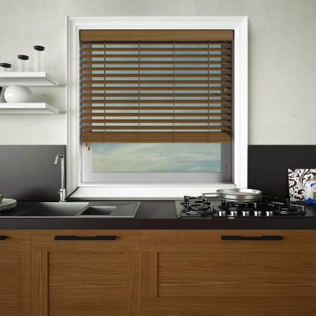 Amber Oak Wood Grain Faux Wood Wood Venetian Blinds Open