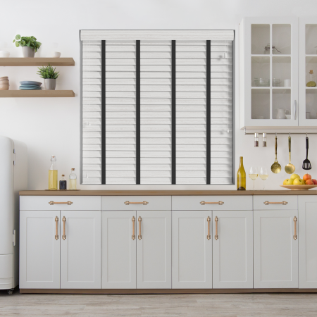 Arctic Oak Wood Grain Faux Wood with Jet Tape Wood Venetian Blinds