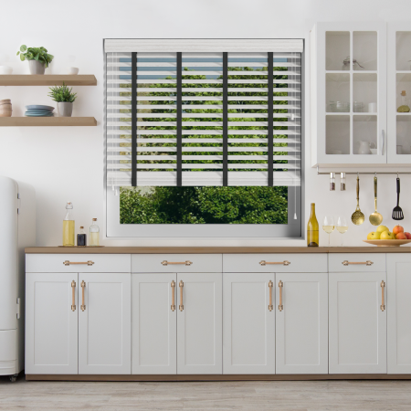 Arctic Oak Wood Grain Faux Wood with Smoke Tape Wood Venetian Blinds Open