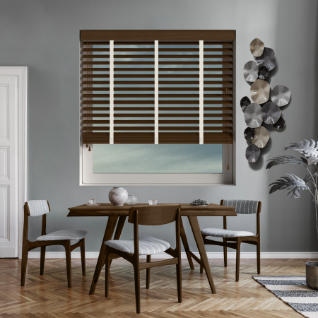 Auburn with Vanilla Tape Wood Venetian Blinds Open