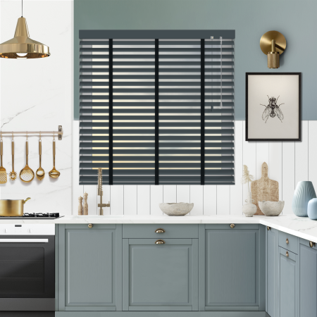 Charcoal Dust with Black Tape Venetian Blinds Open