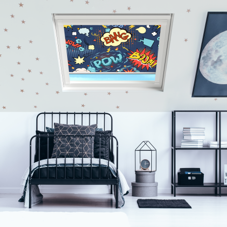 Comic Book (BLACKOUT) Keylite Roof Window Blinds White Frame