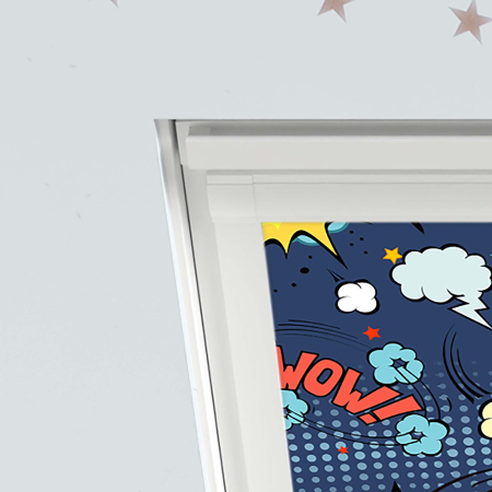 Comic Book (BLACKOUT) Keylite Roof Window Blinds Detail White Frame