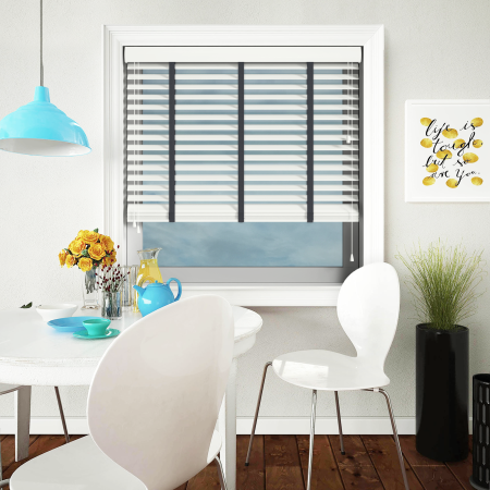 Glacier White with Dusk Tape Wood Venetian Blinds Open
