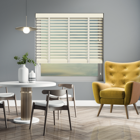 Gloss Cream with Vanilla Tape Wood Venetian Blinds Open