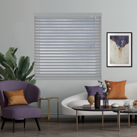 Graphite Fog Venetian Blinds Open