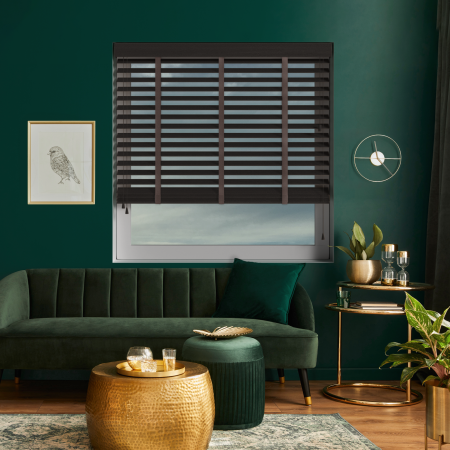 Hazel with Coffee Tape Wood Venetian Blinds Open