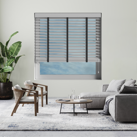 Kalm with Jet Tape Wood Venetian Blinds Open