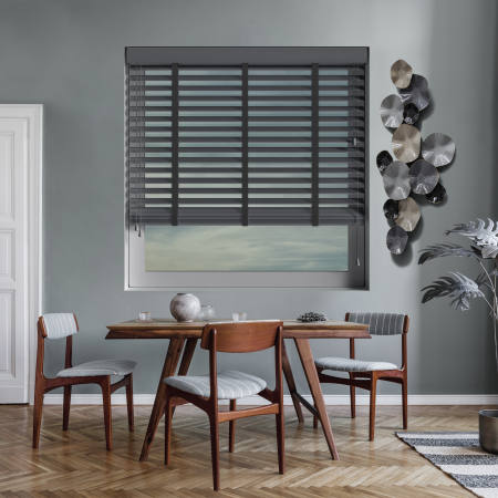 Khol with Jet Tape Wood Venetian Blinds Open