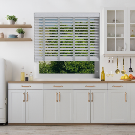 Lunar Oak Wood Grain Faux Wood with Steel Tape Wood Venetian Blinds Open