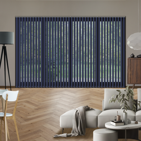 Luxe Dark Blue Vertical Blinds Open