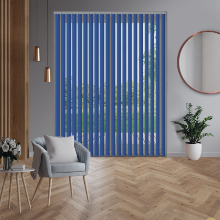 Luxe Glacier Blue Vertical Blinds Open