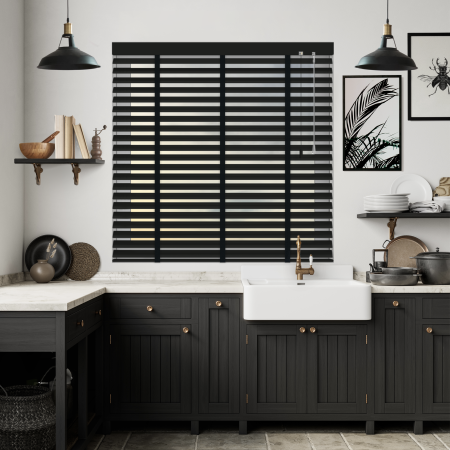 Midnight Onyx with Black Tape Venetian Blinds Open