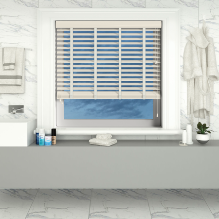 Mirage Faux Wood with Chalk Tape Wood Venetian Blinds Open