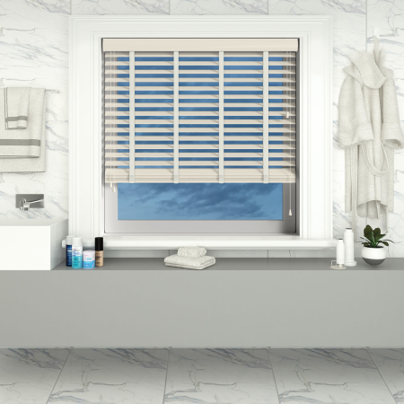 Mirage Wood Grain Faux Wood with Chalk Tape Wood Venetian Blinds Open