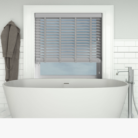 Mission Faux Wood with Lunar Tape Wood Venetian Blinds Open