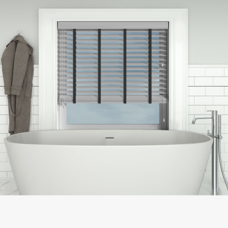 Mission Faux Wood with Smoke Tape Wood Venetian Blinds Open