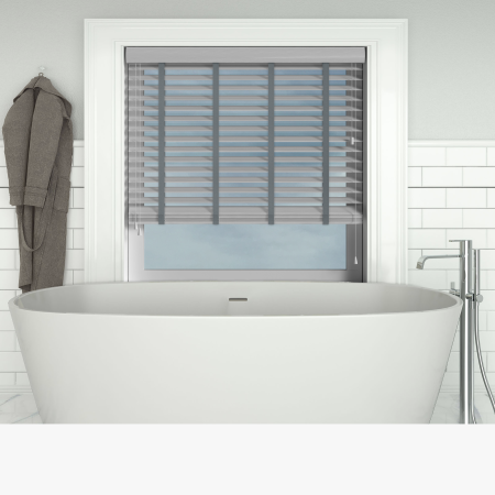 Mission Wood Grain Faux Wood with Slate Tape Wood Venetian Blinds Open