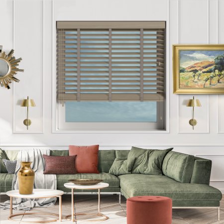 Montana with Truffle Tape Wood Venetian Blinds Open