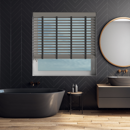 Orion Faux Wood with Jet Tape Wood Venetian Blinds Open