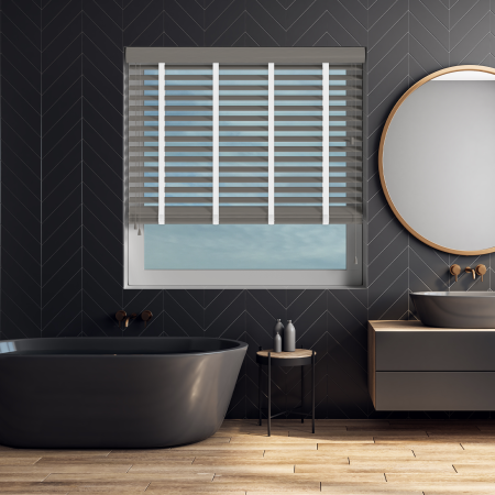 Orion Wood Grain Faux Wood with Cotton Tape Wood Venetian Blinds Open