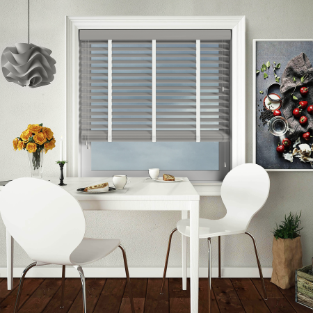 Pavillion with Arctic Tape Wood Venetian Blinds Open