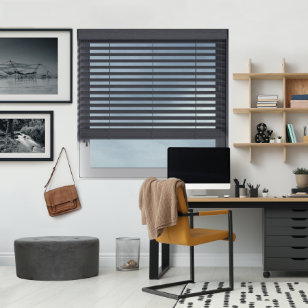 Phantom Grey Wood Venetian Blinds Open