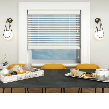 Pure White Wood Venetian Blinds Open