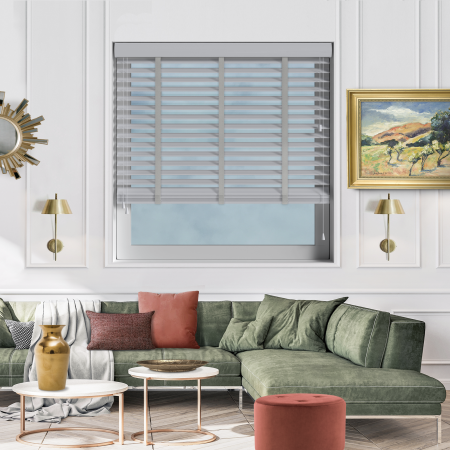 Realm Wood Grain Faux Wood with Noble Tape Wood Venetian Blinds Open