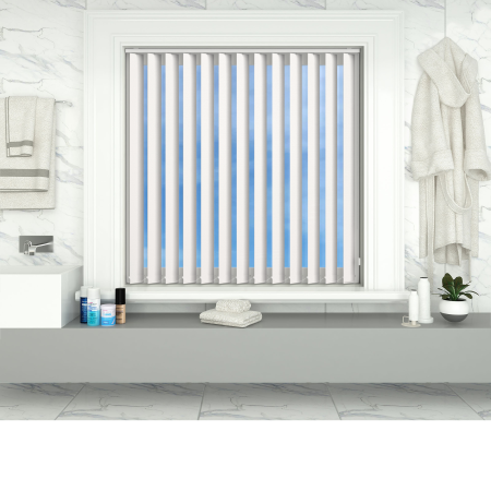 Shower Safe White Vertical Blinds Open