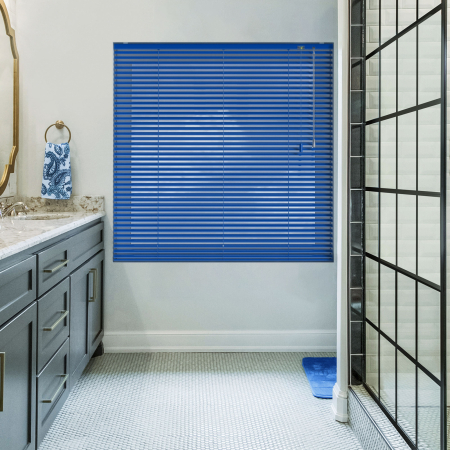 Textured Deep Blue Venetian Blinds Open