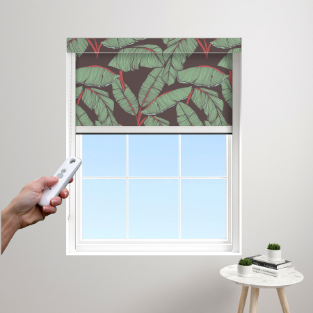 Tropical Leaf Charcoal Electric BlocOut Cassette Blinds Edge Fit
