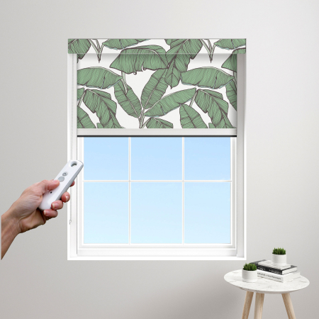 Tropical Leaf White Electric BlocOut Cassette Blinds Edge Fit