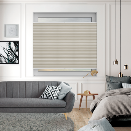 Tensioned Vexia Blackout Oatmeal Pleated Honeycomb Blind Bottom Up Closed