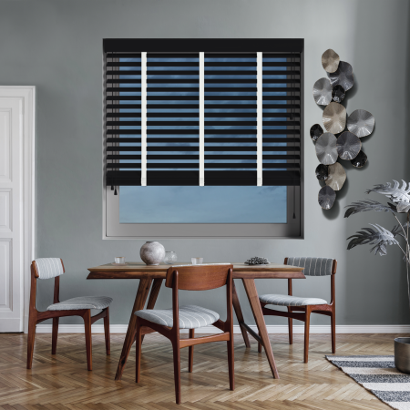 Volt with Arctic Tape Wood Venetian Blinds Open