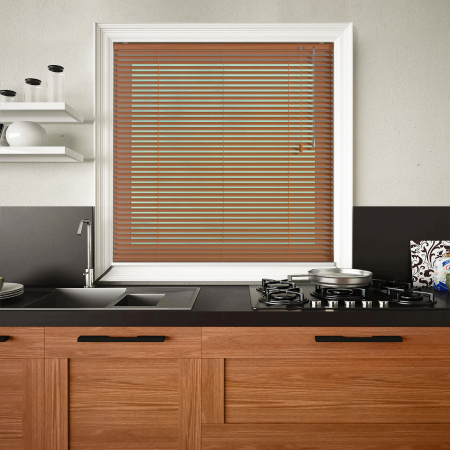 Warm Oak Venetian Blinds Open