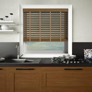 Amber Oak Wood Grain Faux Wood with Toffee Tape Wood Venetian Blinds Open