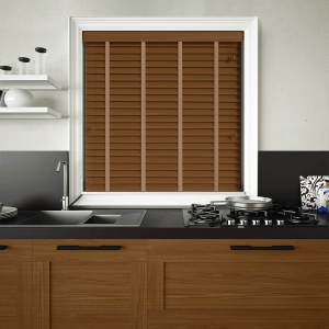 Amber Oak Wood Grain Faux Wood with Toffee Tape Wood Venetian Blinds