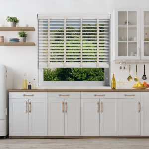 Arctic Oak Wood Grain Faux Wood with Mist Tape Wood Venetian Blinds Open