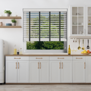 Arctic Oak Wood Grain Faux Wood with Smoke Tape Wood Venetian Blinds Open