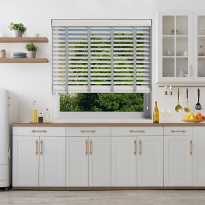 Arctic Oak Wood Grain Faux Wood with Steel Tape Wood Venetian Blinds Open