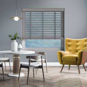 Ash with Slate Tape Wood Venetian Blinds Open