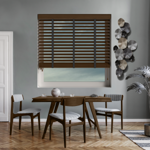 Auburn with Jet Tape Wood Venetian Blinds Open