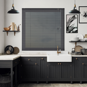 Buff Black Venetian Blinds Open