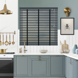 Charcoal Dust with Black Tape Venetian Blinds Open