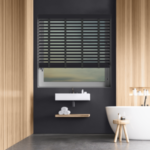 Chroma Faux Wood with Smoke Tape Wood Venetian Blinds Open