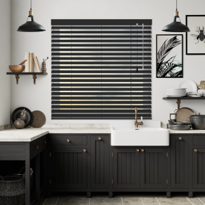 Dark Obsidian Venetian Blinds Open