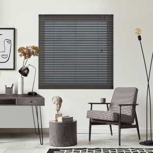 Dark Wood Venetian Blinds Open